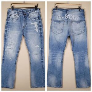 G-Star Raw Size 29x32 3301 Jeans Distressed Flare Bootcut Embroidered Light Blue
